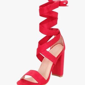Open Toe Crisscross Strappy Wrap Tie Chunky Block Heel Sandal size 9 Red